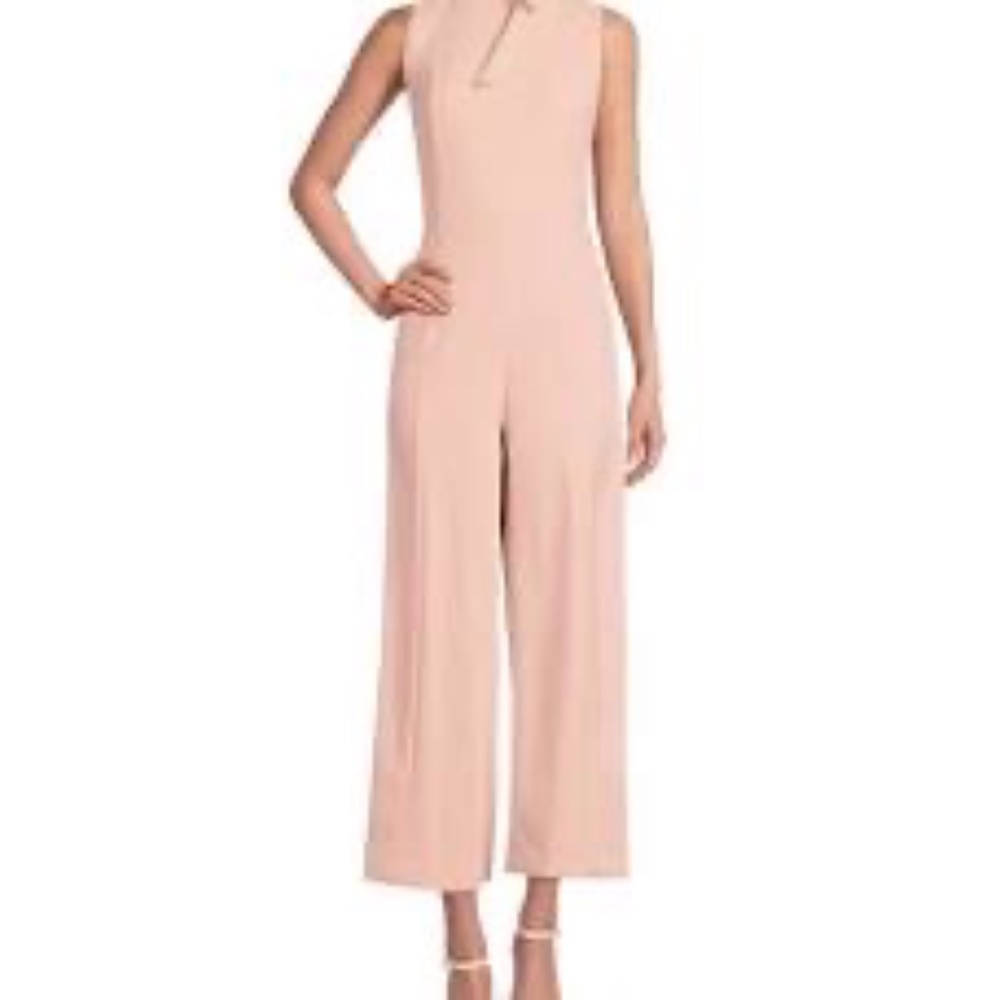 NWT Calvin Klein Sleeveless Tie Mock Neck Scuba Crepe Cropped Jumpsuit